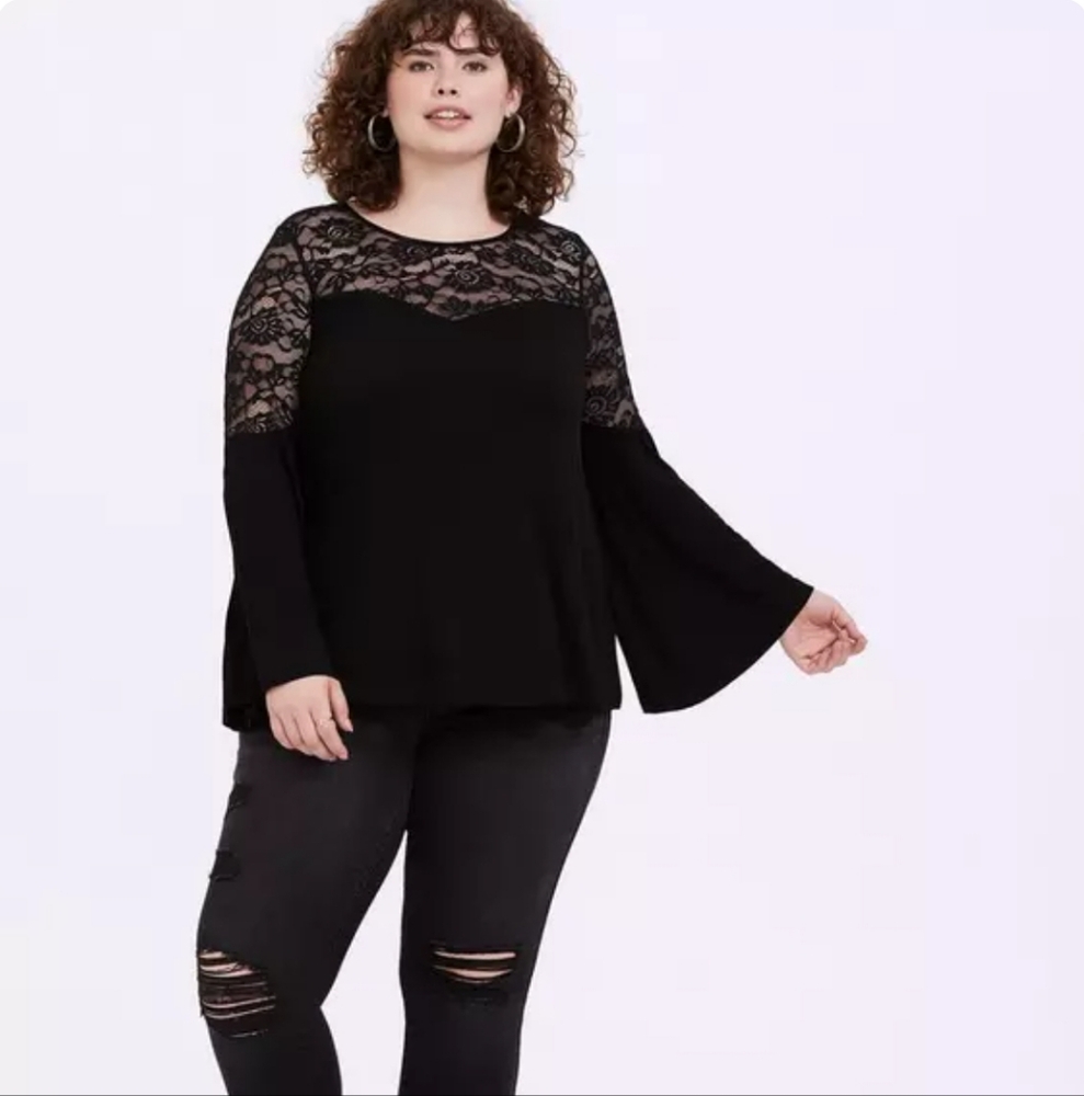 Torrid 6X Super Soft Black Lace Bell Sleeves Top Goth Witchy Blouse